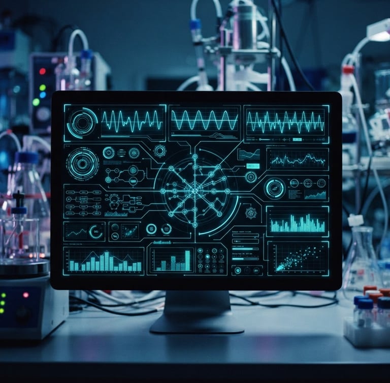Sleek technical photography of a modern laboratory dashboard interface on a dark screen, glowing neon cyan telemetry lines, sharp focus, 35mm