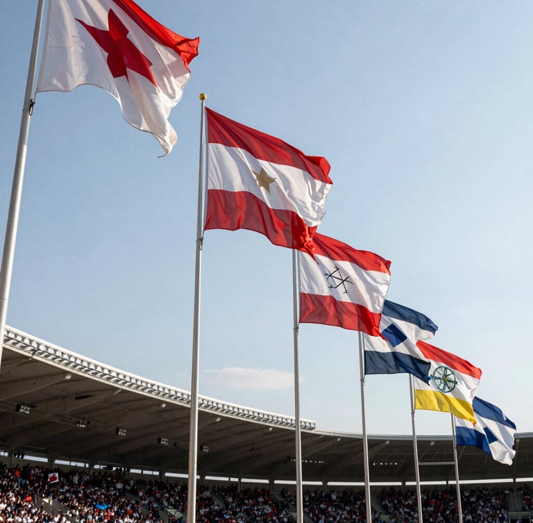 Massive colorful flags waving in a crowded sports stadium under a bright clear sky, dynamic composition, rich textile textures.