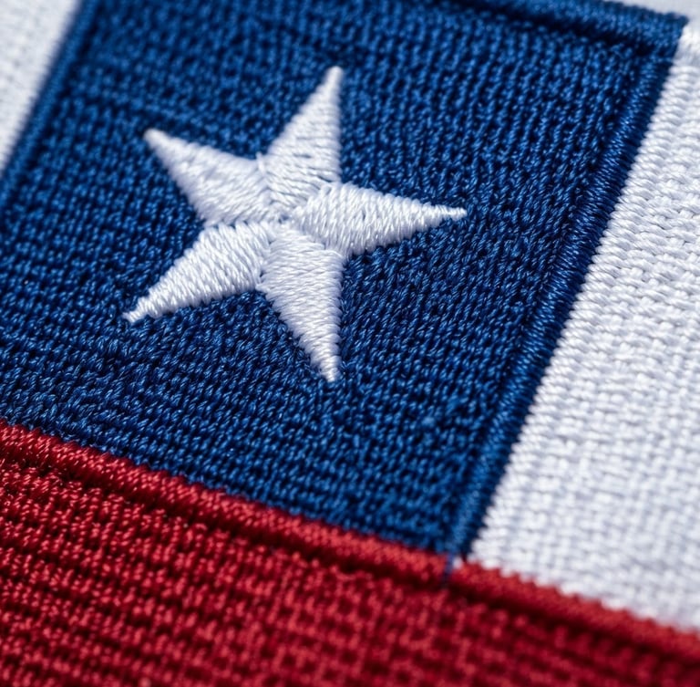 Close-up of a premium embroidered national flag of Chile, deep red and blue threads, high-density stitching, crisp daylight.