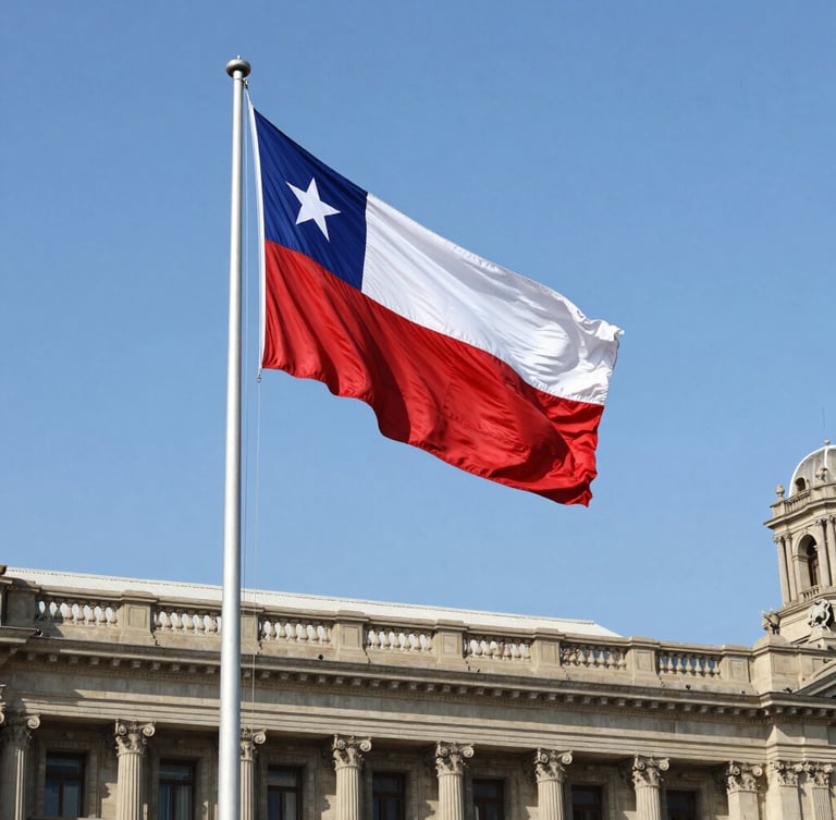 A grand Chilean national flag flying high on a tall steel mast in front of a classic neoclassical government palace in Santiago, clear blue sky, crisp natural daylight, 50mm lens