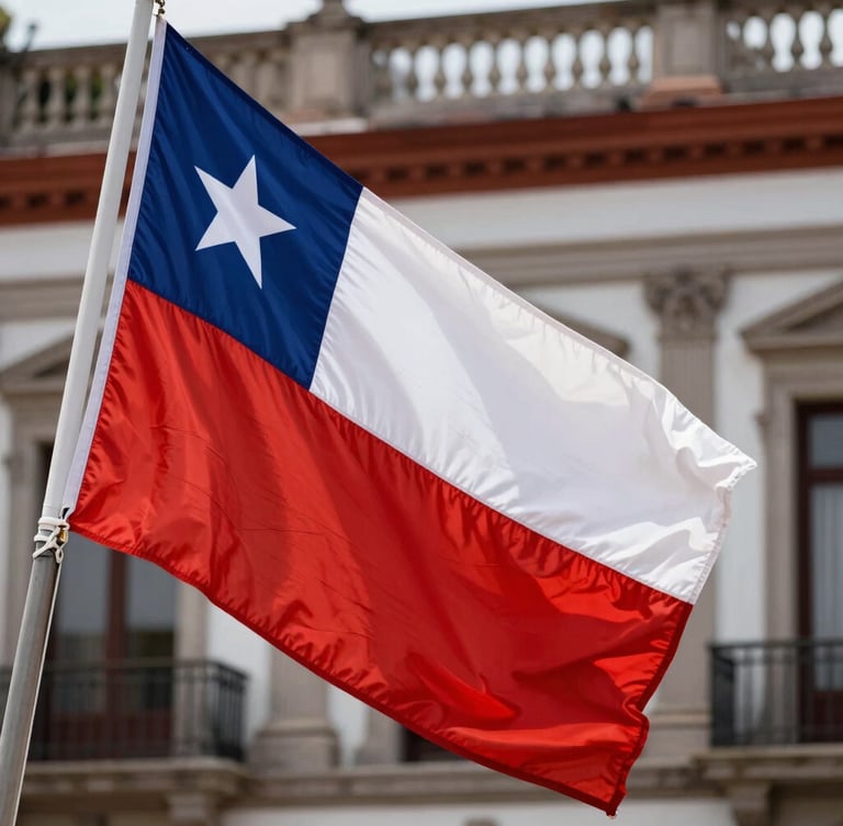 Close-up of a ceremonial national flag of Chile waving outside a historic municipal building, bright natural daylight, rich colors.