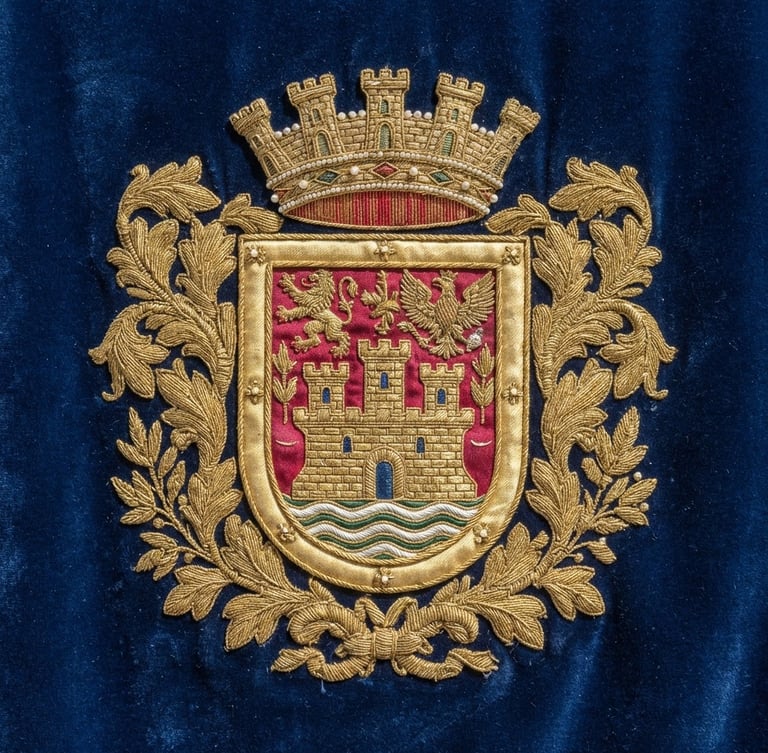 Close-up of a hand-embroidered municipal coat of arms with high-density gold threads on deep blue velvet, sharp textile textures, professional ceremonial lighting, 50mm lens