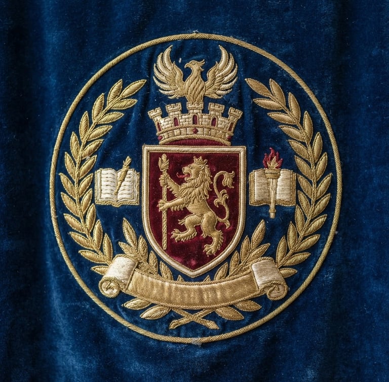 Close-up of a richly embroidered school crest on a deep blue velvet banner, high-density gold thread stitching, soft ceremonial indoor lighting, 50mm lens, sharp textile texture