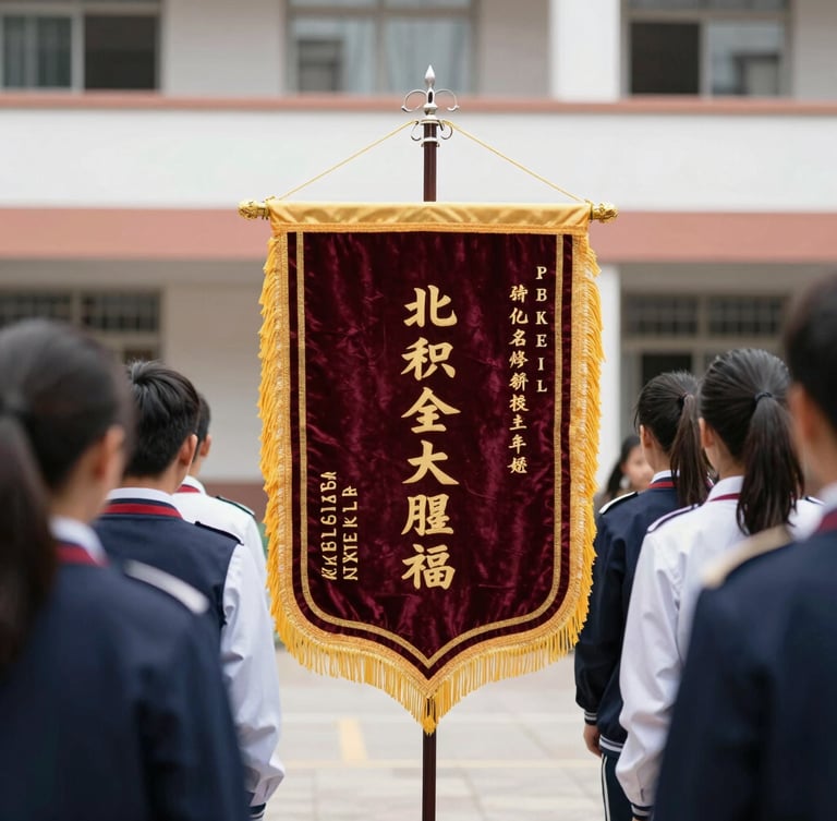 Traditional school courtyard with students in ceremonial uniforms, holding a high-density embroidered velvet banner with gold tassels.