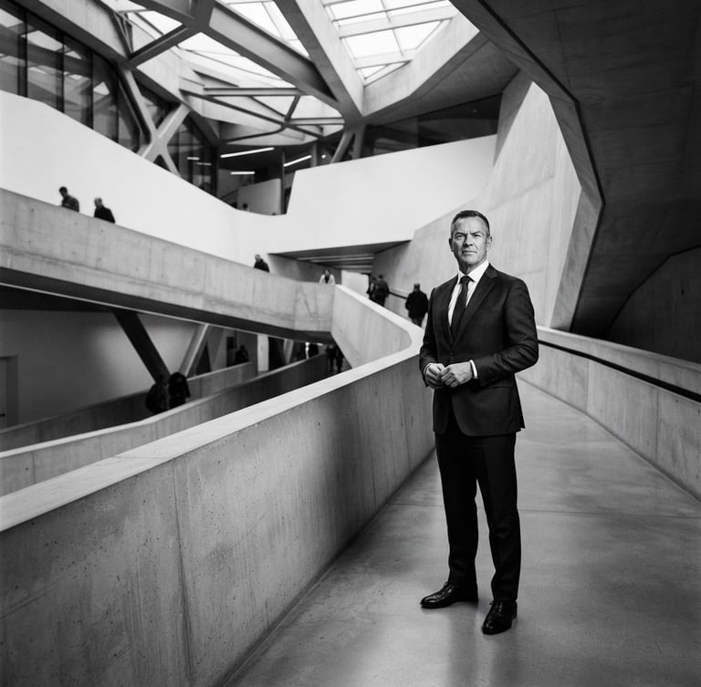 High-contrast black and white executive portrait of a senior transformation leader in a modern architectural setting, cool slate tones, sharp editorial lighting, wide environmental framing