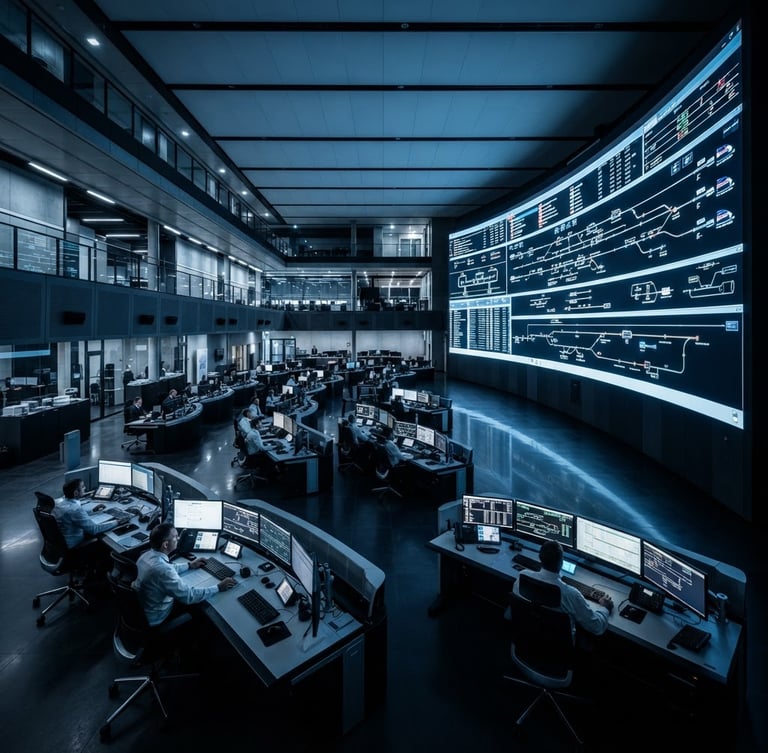Wide environmental shot of a modern railway network control room, cool cinematic blue lighting, high-contrast slate tones, structured clean architecture, wide-angle lens