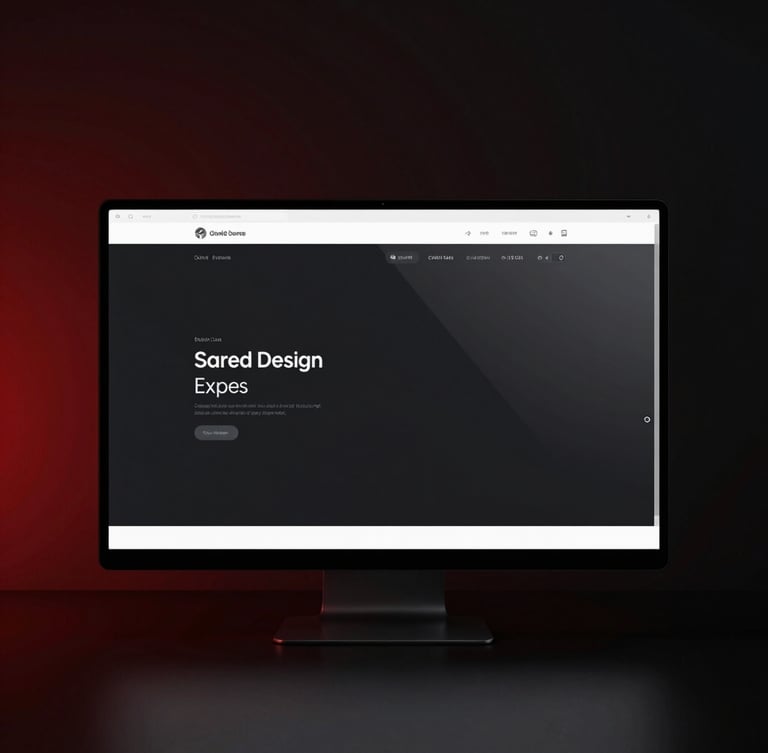 Sleek front-facing digital mockup of a web design displayed on a glossy screen with subtle glass reflections, dark background with a sharp red accent
