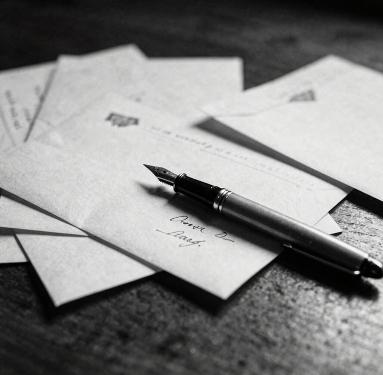Moody close-up of vintage archival documents, old letters, and a fountain pen resting on a dark wooden table, dramatic side-lighting, high contrast, 35mm film grain style