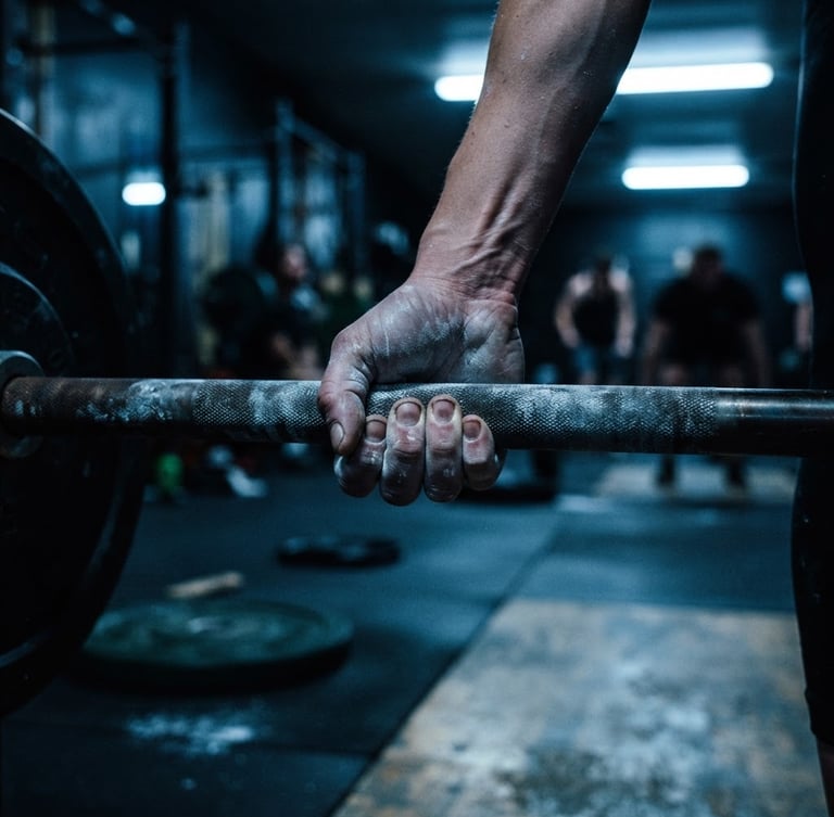 Dynamic close-up of chalked hands gripping a heavy barbell in a moody gym with cool blue highlights, raw and authentic 35mm film style.