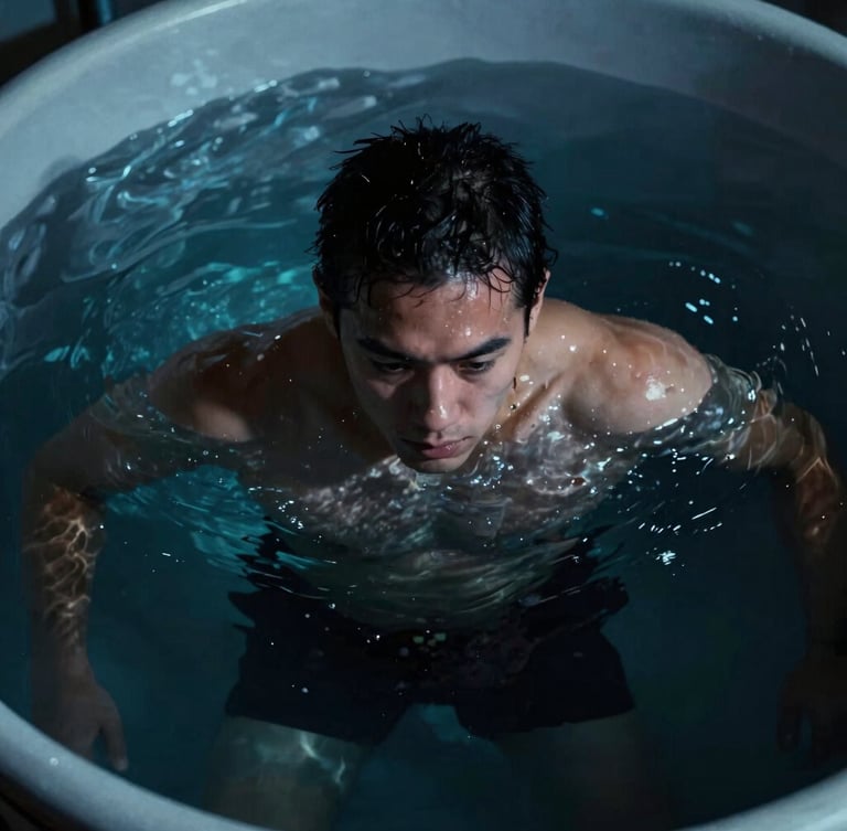 Dynamic close-up of an athlete submerged in a cold plunge, ice water, intense focus, moody high-contrast lighting with cool blue highlights, sharp focus, 35mm film.