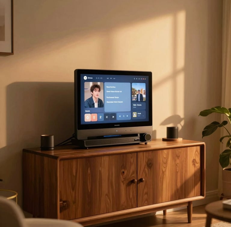 A warm, high-end editorial lifestyle photography of a modern Australian home living room with soft golden evening light, a sleek premium touchscreen karaoke console sitting on a wooden cabinet, cozy atmosphere, 35mm