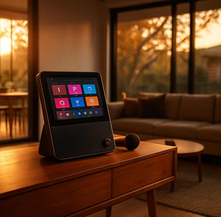 A sleek modern Australian open-plan living room during golden hour, a premium wooden console table with a high-end karaoke touchscreen console, warm sunlight filtering through large windows, 35mm photography