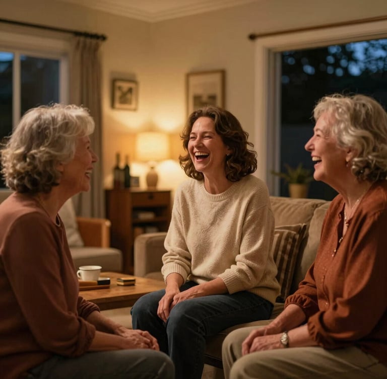 Warm family gathering in an Australian home, three generations laughing and singing together, cozy evening ambient light, shallow depth of field