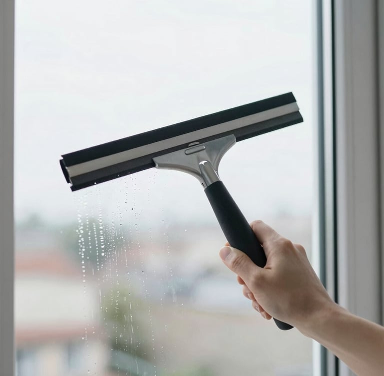 Close-up of a professional squeegee wiping clean water off a window pane, reflecting the soft overcast sky of Rouen, bright natural light, minimalist scandinavian style, 35mm lens