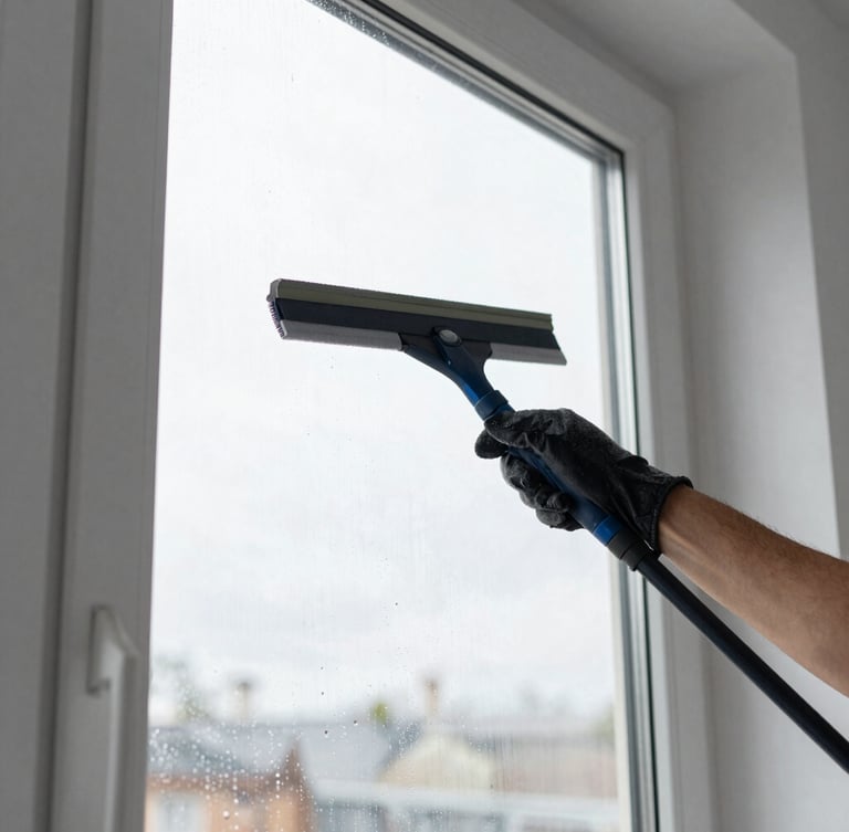 Close-up of a professional window cleaner squeegeeing a large window pane in Rouen, bright overcast daylight, water droplets glistening on glass, 35mm lens.