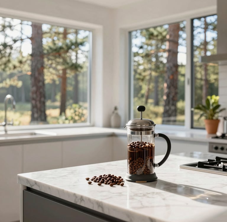 A bright, sun-drenched modern kitchen interior with large windows looking out to pine trees, fresh local coffee beans and a French press on a clean marble countertop, warm morning light