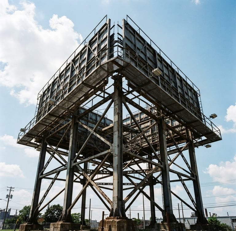 Low-angle hero shot of a massive steel-framed outdoor billboard structure under high-contrast daylight, dramatic shadows, industrial scale, 35mm film style