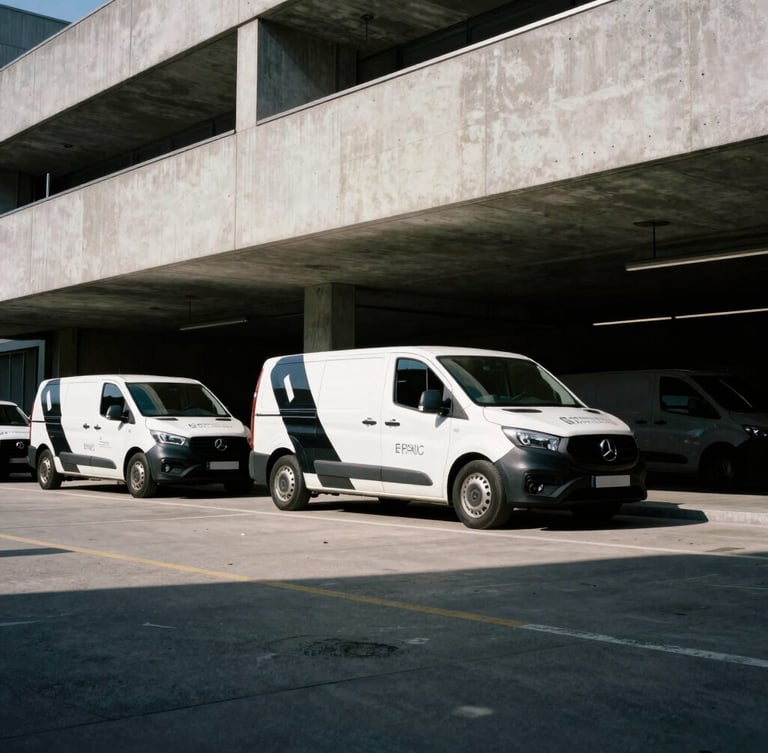 Low-angle architectural shot of a branded corporate fleet vehicle wrapped in high-contrast graphics, parked in a modern concrete urban environment, dramatic shadows, 35mm film style