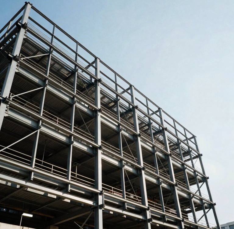 Low-angle architectural shot of a massive freshly installed steel billboard structure in an urban environment, crisp daylight, sharp shadows, industrial scale