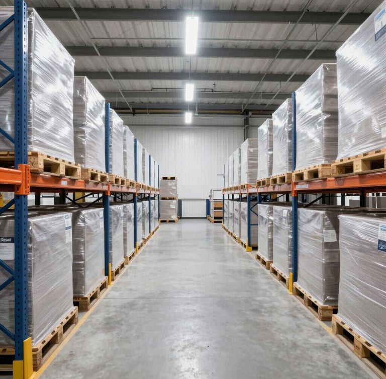 Interior of an organized modern fulfillment center with clean palletized shipments, bright high-key warehouse lighting, architectural symmetry.