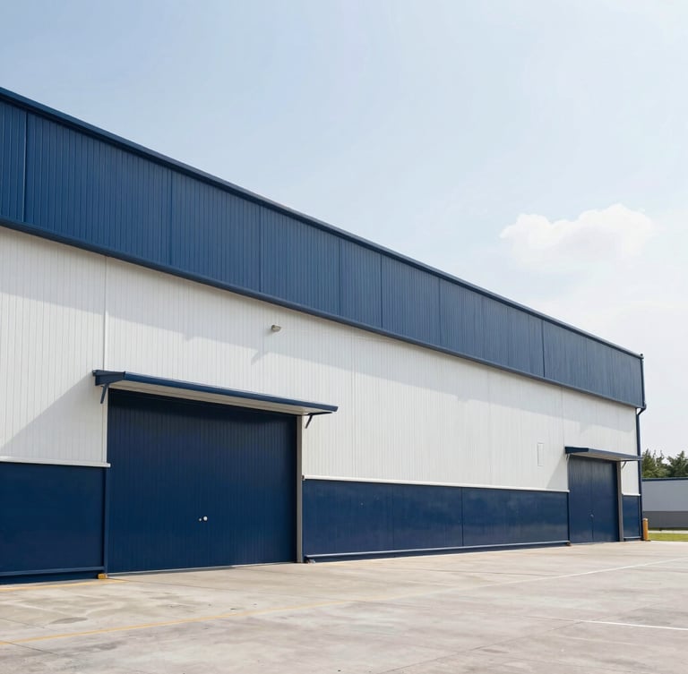 Wide-angle architectural shot of a modern, clean logistics hub exterior in bright neutral daylight, crisp navy and white tones, sharp focus.