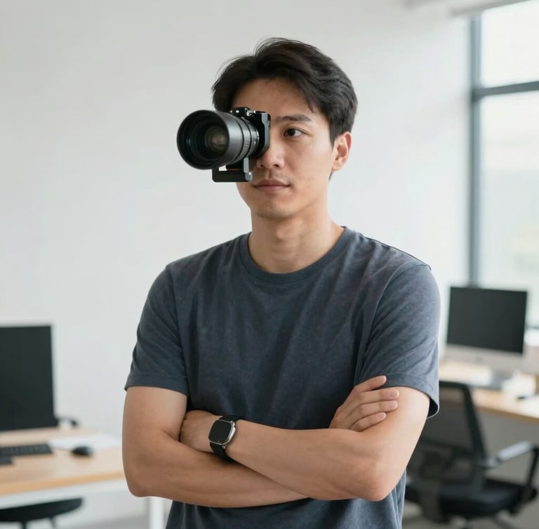 Professional eye-level portrait of a technical consultant in a bright, clean studio setting, natural daylight, minimalist workspace background.