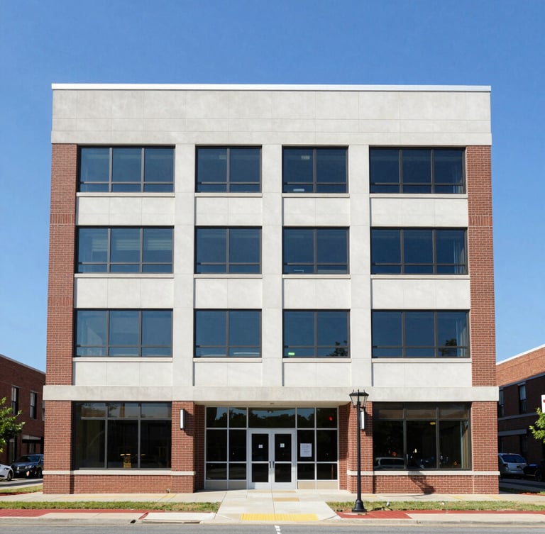 Straight-on architectural shot of a brick-and-mortar commercial office building in Delaware, bright natural daylight, clean corporate blue sky, sharp focus, 35mm lens.