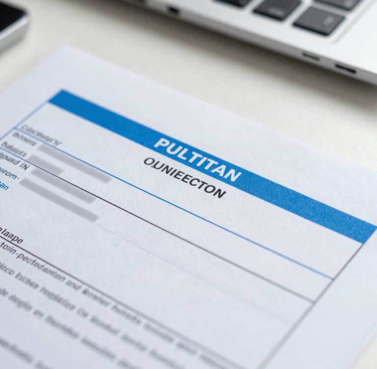 Macro shot of an official utility statement on a clean office desk, sensitive data blurred, sharp focus on the document header, bright natural daylight, crisp corporate blue tones.