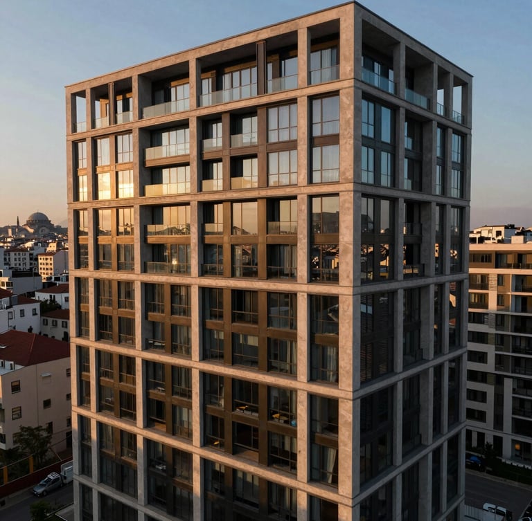 Cinematic drone shot of a modern luxury residential concrete and glass building facade in Istanbul during golden hour, architectural power framing.