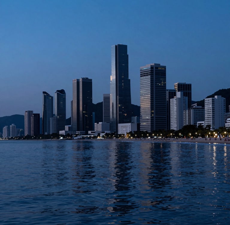 Extreme wide shot of Balneário Camboriú coastline at twilight, deep blue hour light reflecting on calm sea, sharp architectural silhouettes, negative space on the left