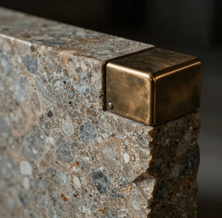 Close-up of raw travertine marble block paired with brushed bronze accents, dramatic side lighting, dark moody atmosphere.
