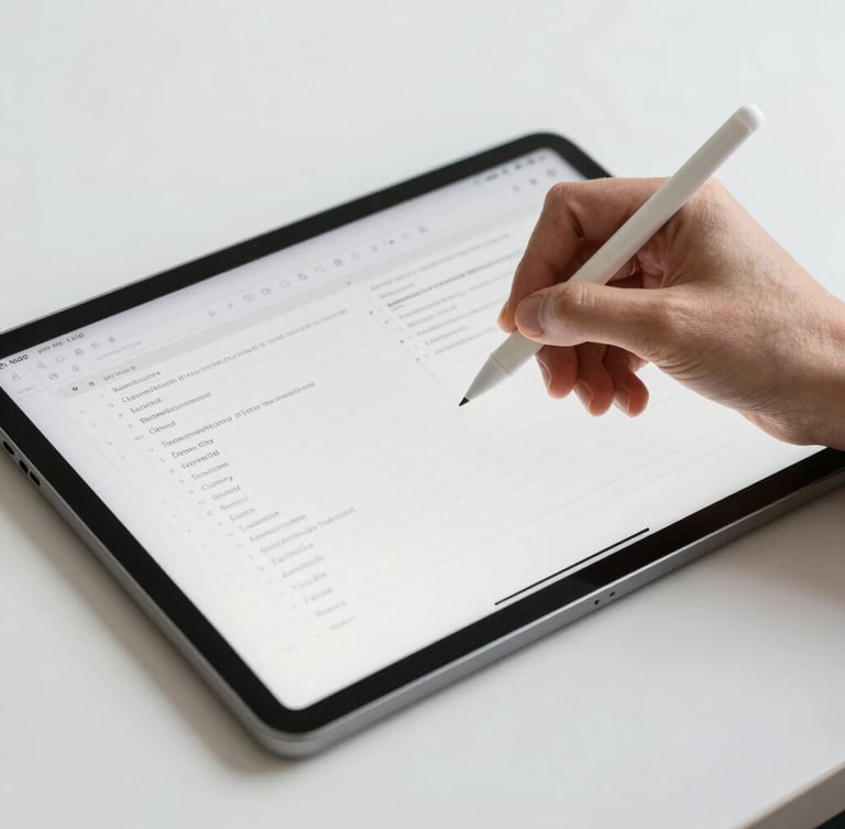 A close-up of a hand writing with a stylus on a sleek digital tablet displaying structured monochrome study notes, bright diffused daylight, minimalist desk setup