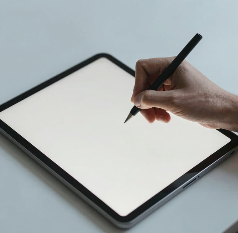 Close-up of hands writing on a minimalist tablet, clean structured layout visible on screen, cool diffused daylight, sharp focus