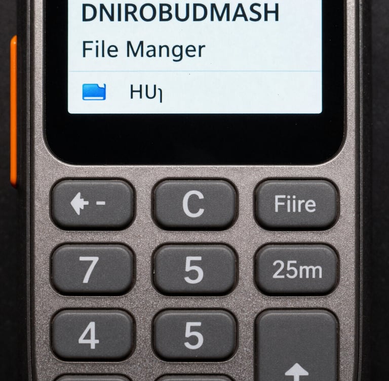 High-contrast screenshot of DNIROBUDMASH File Manager interface on a rugged Android device, tactile buttons, monospaced font, harsh industrial lighting, safety orange accents, macro lens, flat lay.