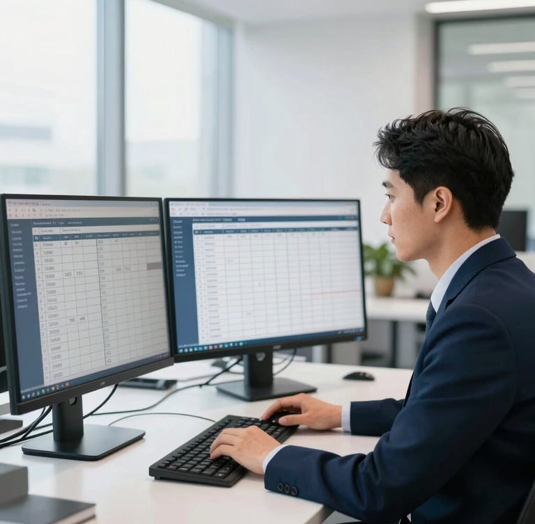 Bright daylight portrait of a professional logistics coordinator analyzing load boards on multiple clean monitors, corporate navy tones, sharp focus, 35mm