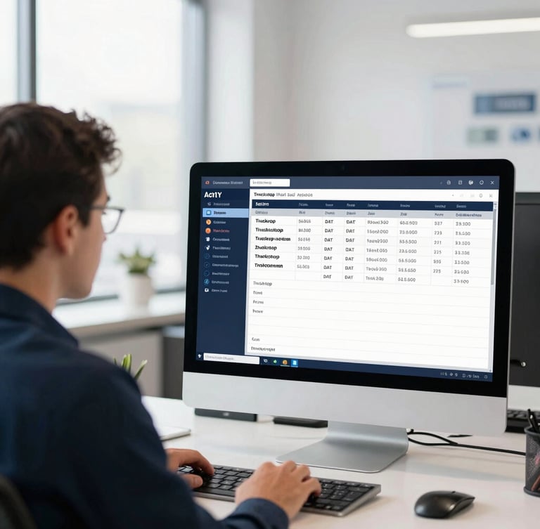 A focused student analyzing active DAT and Truckstop load boards on a large desktop monitor in a bright modern office, clean daylight