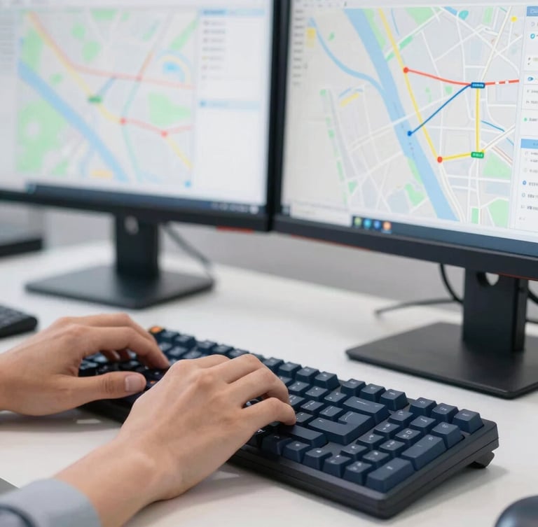 Close-up of hands typing on a mechanical keyboard next to dual monitors displaying logistics software and route maps, bright daylight.