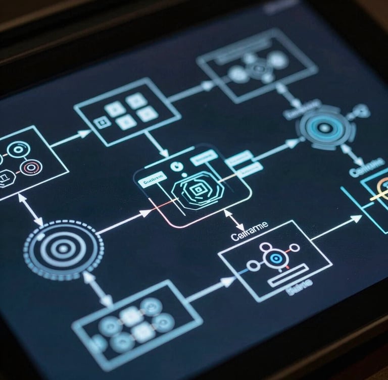 Macro shot of complex system architecture diagrams glowing on a dark screen, cool-toned lighting, deep shadows, sharp details