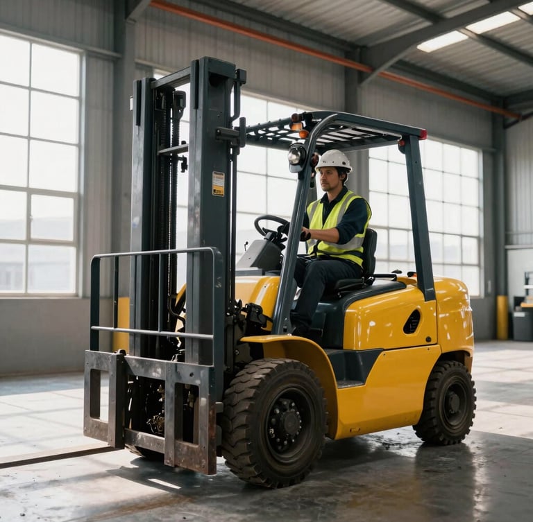 A yellow warehouse forklift parked in a clean industrial facility, bright daylight streaming through high windows, operator wearing high-vis vest and hard hat visible in the background.