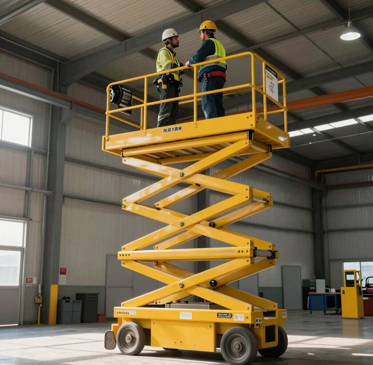 A yellow scissor lift extended high inside a clean industrial warehouse, operator in correct PPE wearing a harness and hard hat inspecting overhead fixtures under bright daylight.