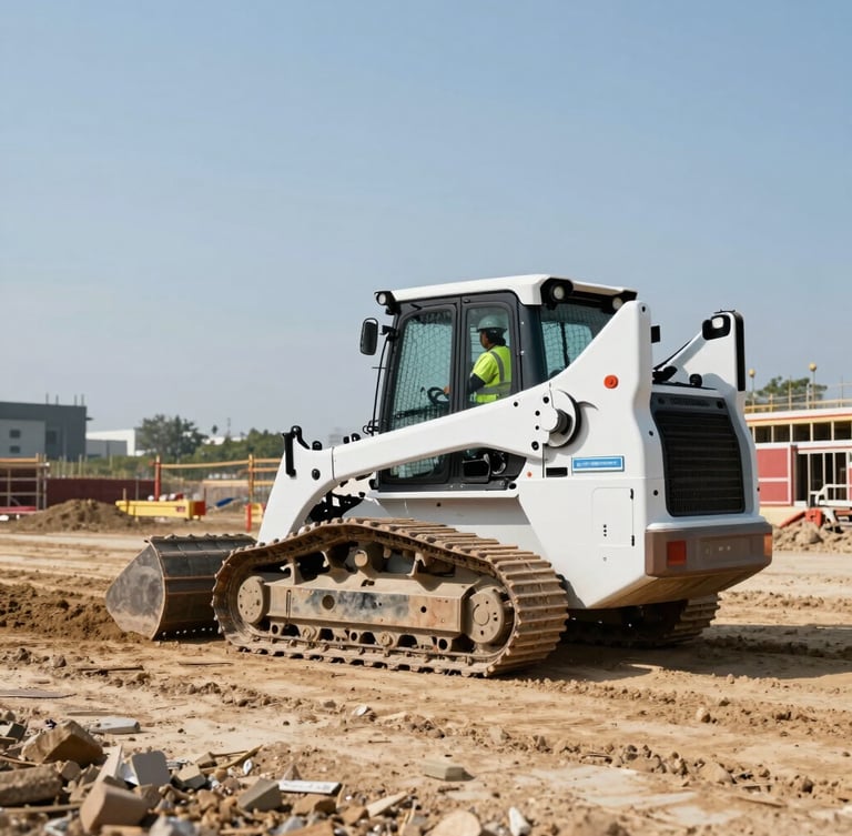 Wide environmental shot of a modern skid steer loader operating on a clean construction jobsite, operator wearing high-vis vest and hard hat, bright daylight.