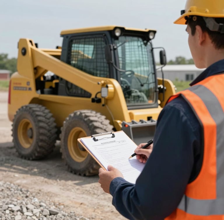 A close-up shot of a safety evaluator in a high-visibility orange vest holding a clipboard, observing a yellow skid steer operating in a clean gravel yard, bright daylight.