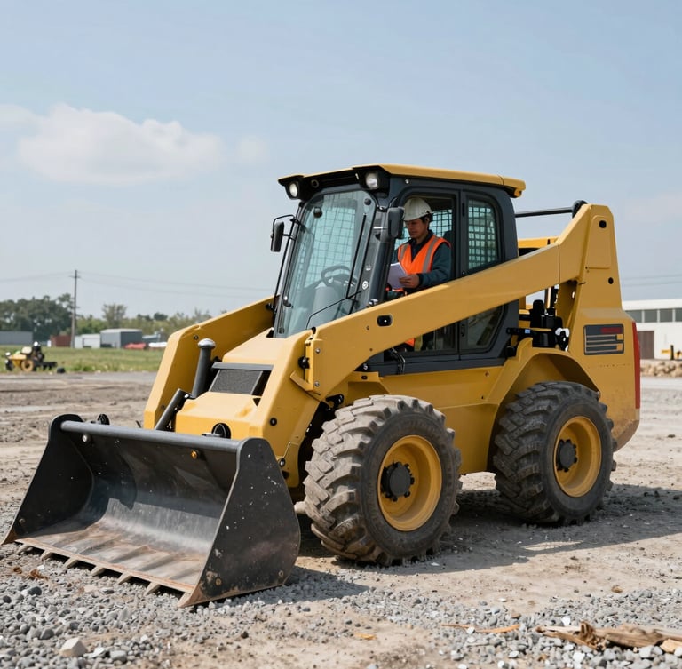 Wide shot of a clean yellow skid steer loader on a gravel yard, operator wearing a high-vis orange vest and white hard hat holding a clipboard, bright direct daylight.