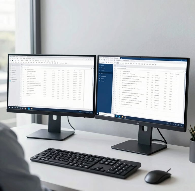 Over-the-shoulder shot of a clean modern workspace, dual monitors displaying organized spreadsheets and code, bright natural daylight, 35mm
