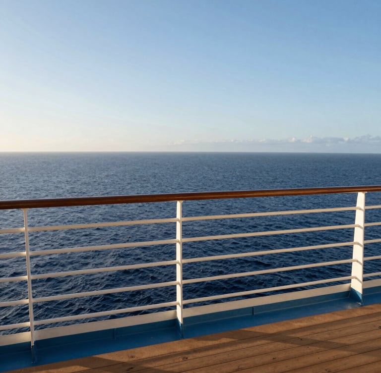 A private teak balcony on a cruise ship looking out over a calm, deep blue ocean at sunrise, clean minimalist framing.