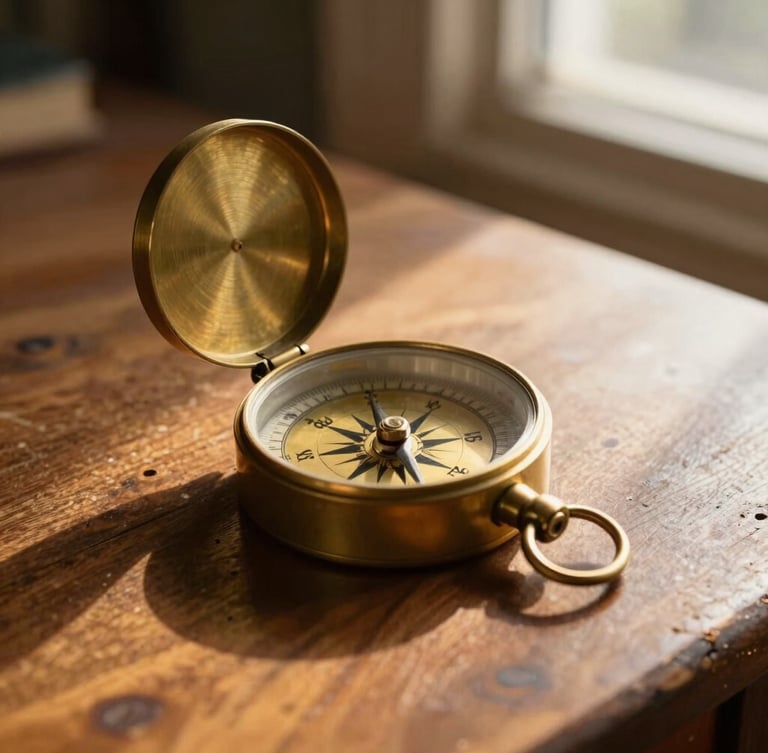 A close-up of a vintage brass marine compass resting on a worn wooden navigation table, soft warm golden hour light coming from a nearby window, atmospheric shadow.