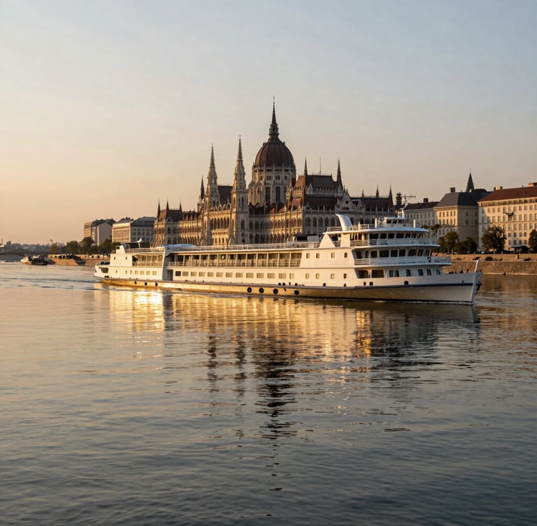 A sleek, low-profile river ship gliding silently down the Danube at golden hour, reflections of historic spires in the calm water, elegant architectural lines.