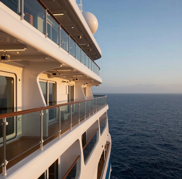 A close-up architectural detail of a luxury cruise ship balcony, looking out toward a calm, deep blue ocean horizon at golden hour.