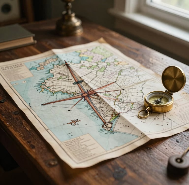 A detailed vintage maritime map laid out on a dark wooden table, brass compass resting on the side, soft warm light from a nearby window