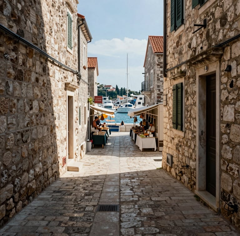 A narrow stone street in a Mediterranean port town, sun-dappled walls, local market stalls in the background, authentic coastal atmosphere.